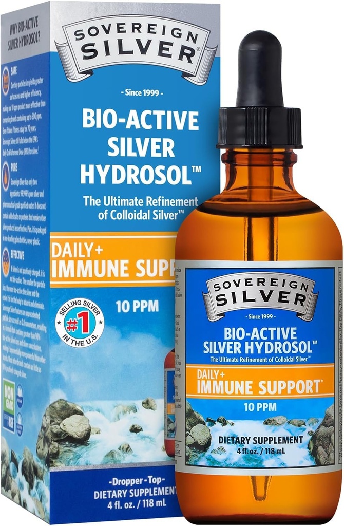 Support immune en argent souverain - Argent colloïdal, hydrosol en argent bioactif, 10 ppm, goutte à goutte liquide, 4 Fl Oz, (118 mL)