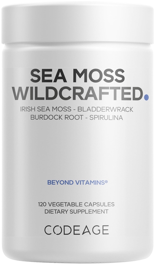 Codeage Raw Wildcrafted Irish Sea Moss Supplement, Spirulina Algae, Bladderwrack Seaweed, Burdock Root, Black Pepper, Vegan, Non-OGM, 120 Capsules