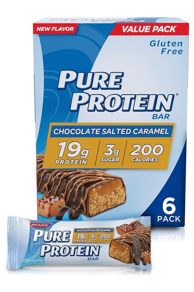 Barres de protéines pures, haute protéine, collations nutritives pour soutenir l'énergie, faible sucre, sans gluten, caramel salé au chocolat, 1,76oz, 4 pack