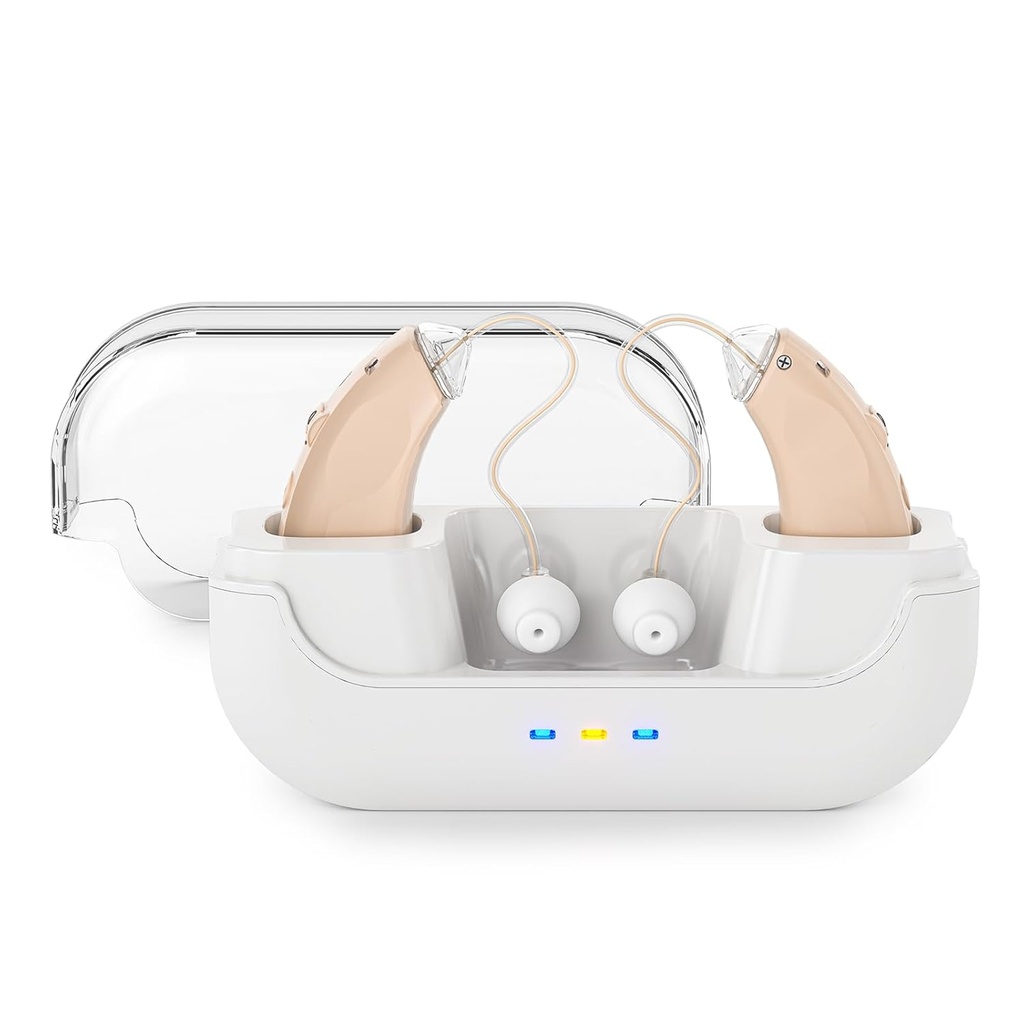 Aide auditive OTC avec annulation de bruit pour perte auditive, aides auditives numériques pour aînés et adultes, amplificateur sonore personnel invisible avec contrôle du volume (Brown)