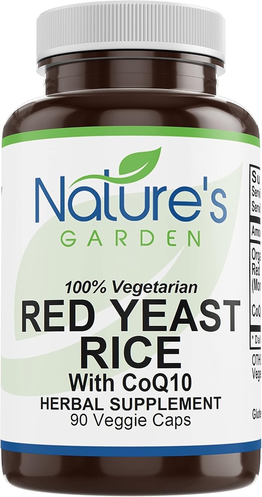 NATURE'S GARDEN ESSENTIELS Red Yeast Riz Organic avec CoQ10-90 Caps veggie avec 600mg Bio Red Rice Yeast Plus Co Q 10 - Natures Support for Cholestérol