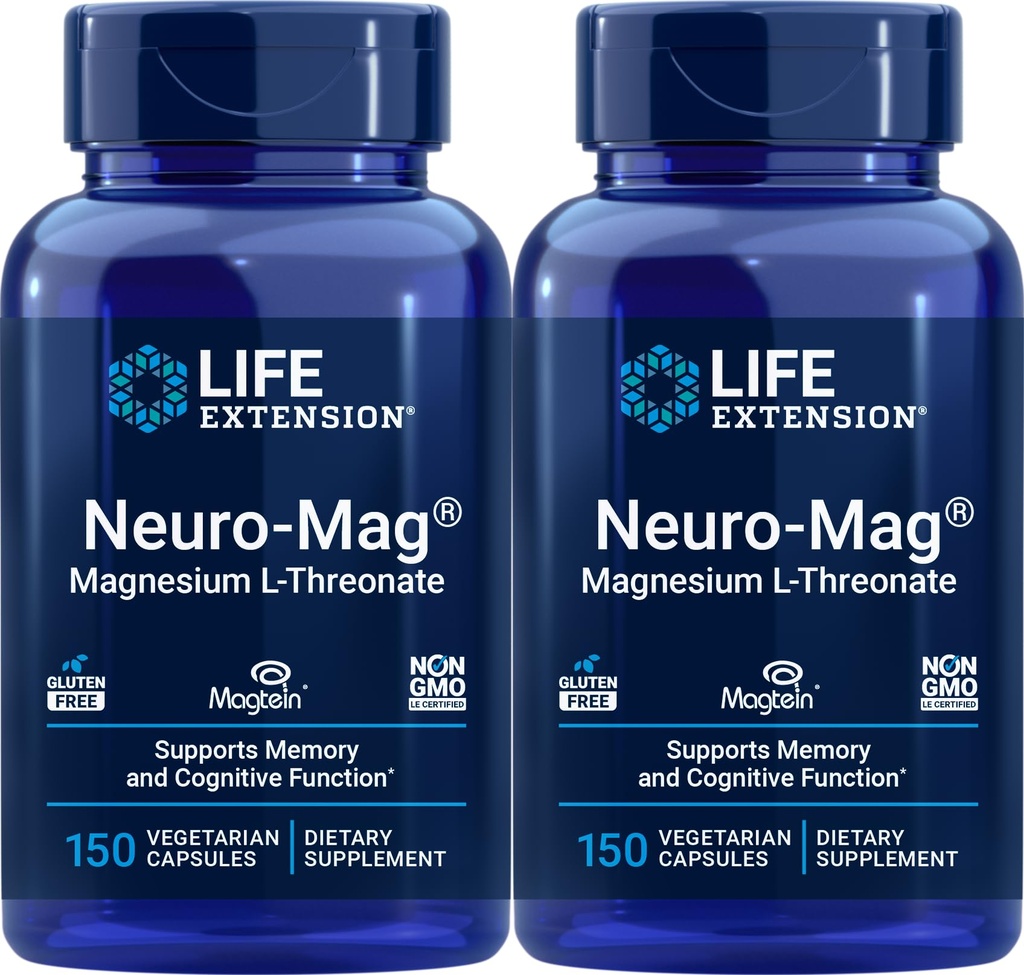 Prolongation de vie Neuro-Mag 150 Capsules végétariennes (paquet de 2), Magnésium L-Thréonate, Supplément de Magtéine