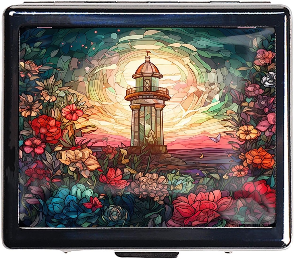 7 Jours Chromed Silver Pill Organizer with Mirror Inside Has 8 Compartiments séparés Rectangle 7 Jours Pill Box Pill Case (Lighthouse Stained Glass)