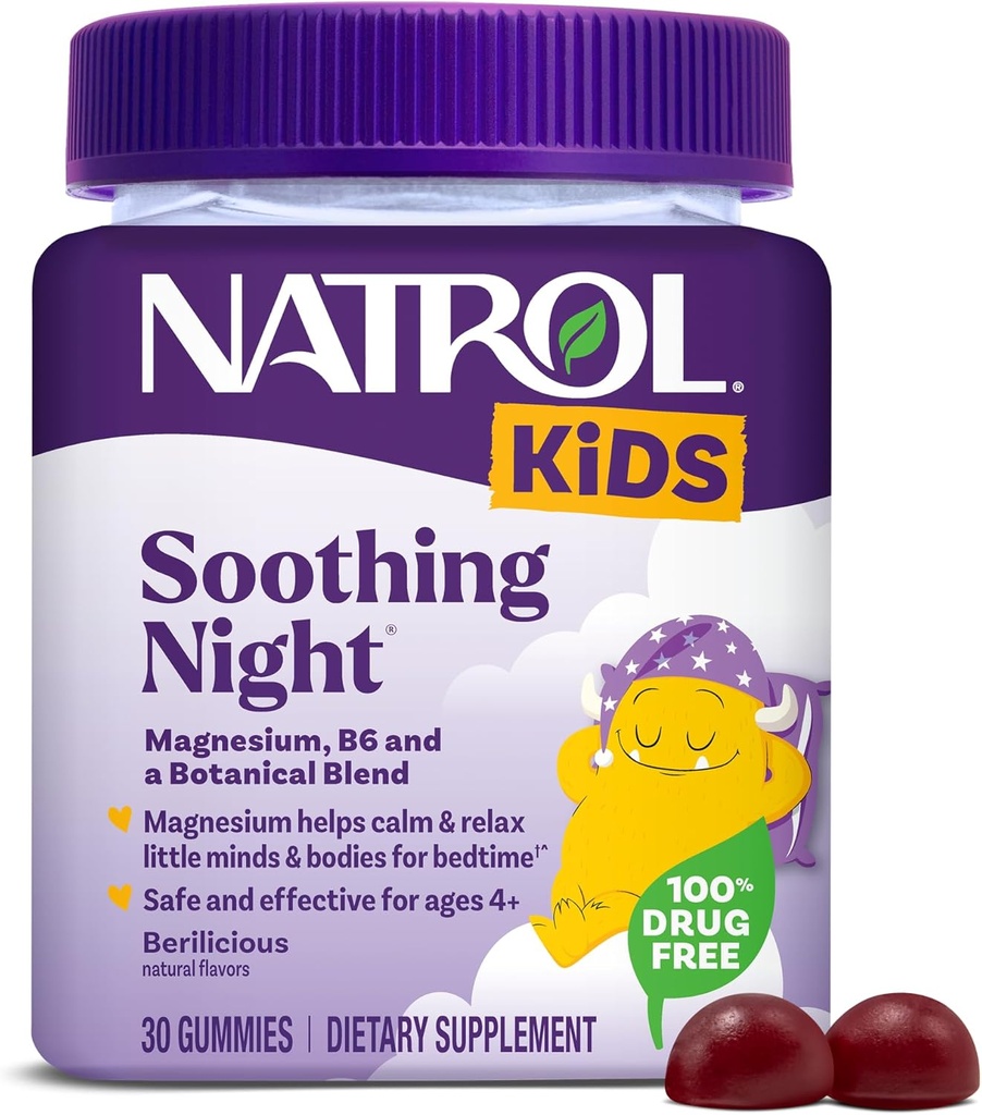Natrol Kids Nuit apaisante Magnésium Citrate Gummies, aide à calmer et détendre petits esprits et corps pour les personnes à faible teneur en magnésium, plus la vitamine B6 soutient la fonction cérébrale, 30 Gummées Berilicieuses