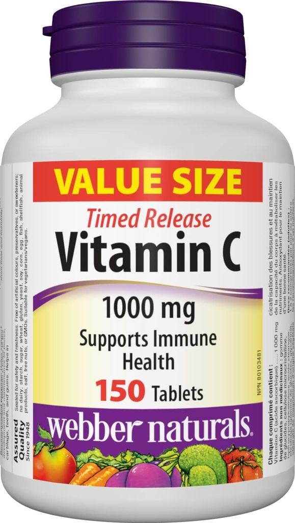 Webber Naturals Vitamine C Délai de libération 1000 mg, 150 comprimés
