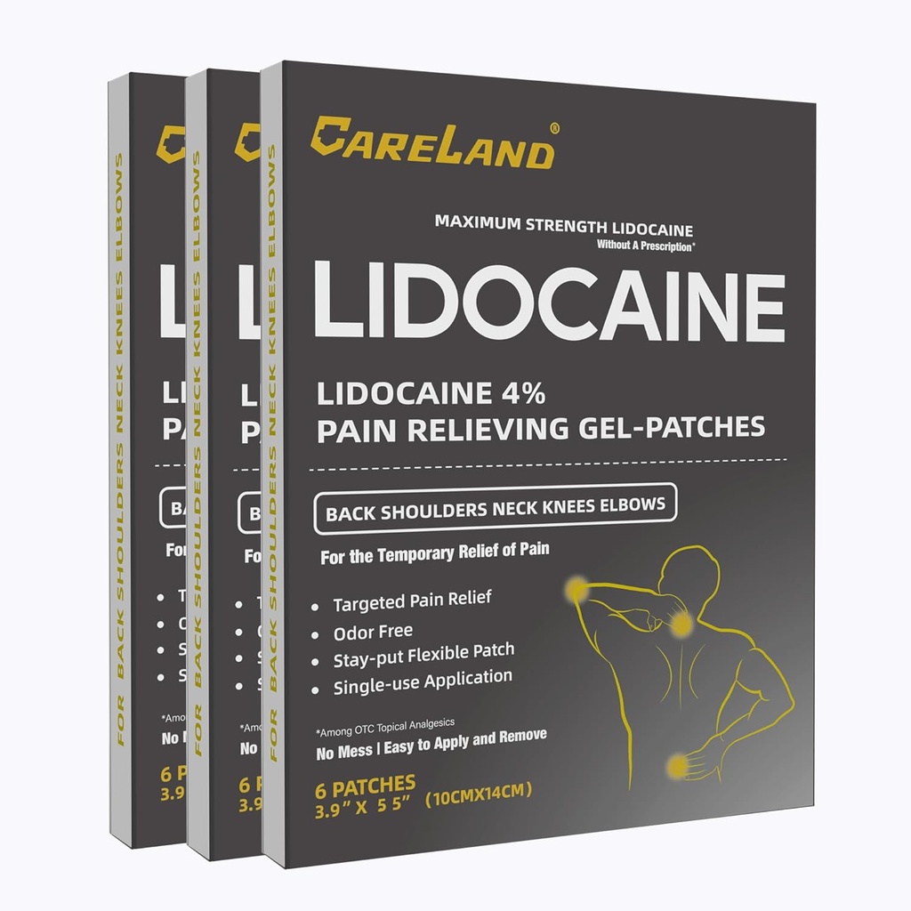 CARELAND Gel de lidocaïne Patch, 18 Compte maximum de la force Douleur Patchs pour le soulagement musculaire dans le cou genou dos et épaules Patch de numération sans parfum pour les nerfs apaisants, les articulations