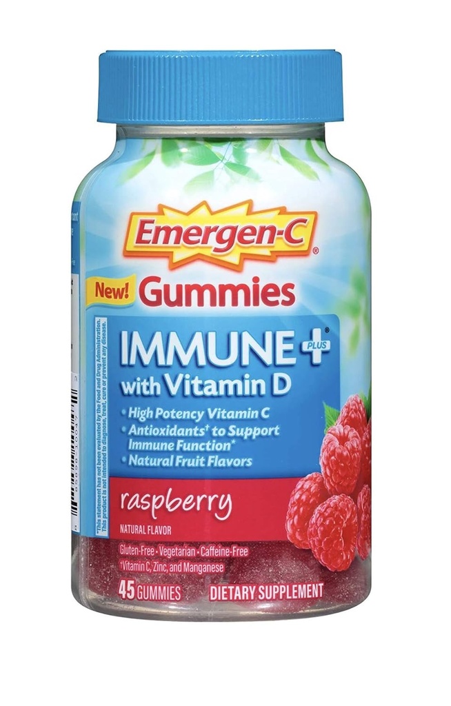 Emergen-C Gummies Immune Plus Vitamine D, Framboise, 45 Gummies (paquet de 2)