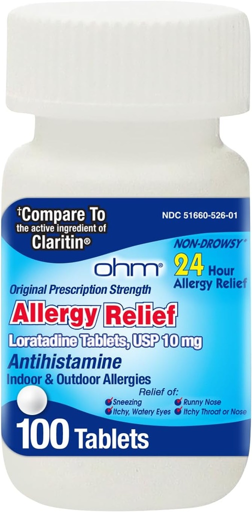Ohm Allergie Pilules - Loratadine Allergie 24 heures de soulagement non somnolent pour allergies saisonnières, éternuement - Loratadine 10 mg Antihistamine pour un soulagement efficace des symptômes non somnolents 24 heures sur 24 - 100 Compte