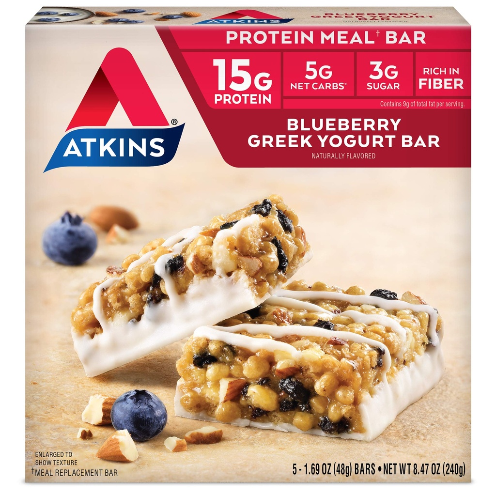 Atkins Blueberry Grec Yogurt Protein Meal Bar, Haute Fibre, 15g de protéines, 3g de sucre, 5g de glucides nets, substitut de repas, Keto Friendly, 5 comte