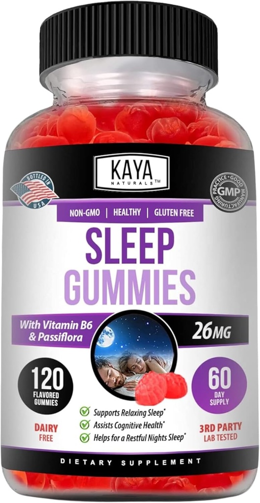Kaya Naturals Sleep Gummies (26mg) - Supplément santé et aide au sommeil pour les adultes - Vitamine B6 et Mélatonine Gummies - Vitamines Gummy pour les femmes et les hommes - 120 Nombre