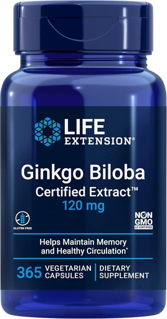 Life Extension Ginkgo Biloba Certified ExtractMC, 120 mg, aide à maintenir la mémoire et la cognition, sans gluten, sans OGM, végétarien, 365 capsules