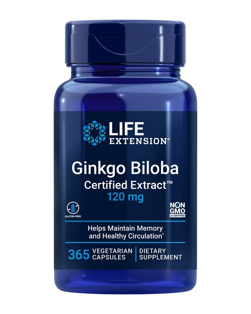 Life Extension Ginkgo Biloba Certified ExtractMC, 120 mg, aide à maintenir la mémoire et la cognition, sans gluten, sans OGM, végétarien, 365 capsules