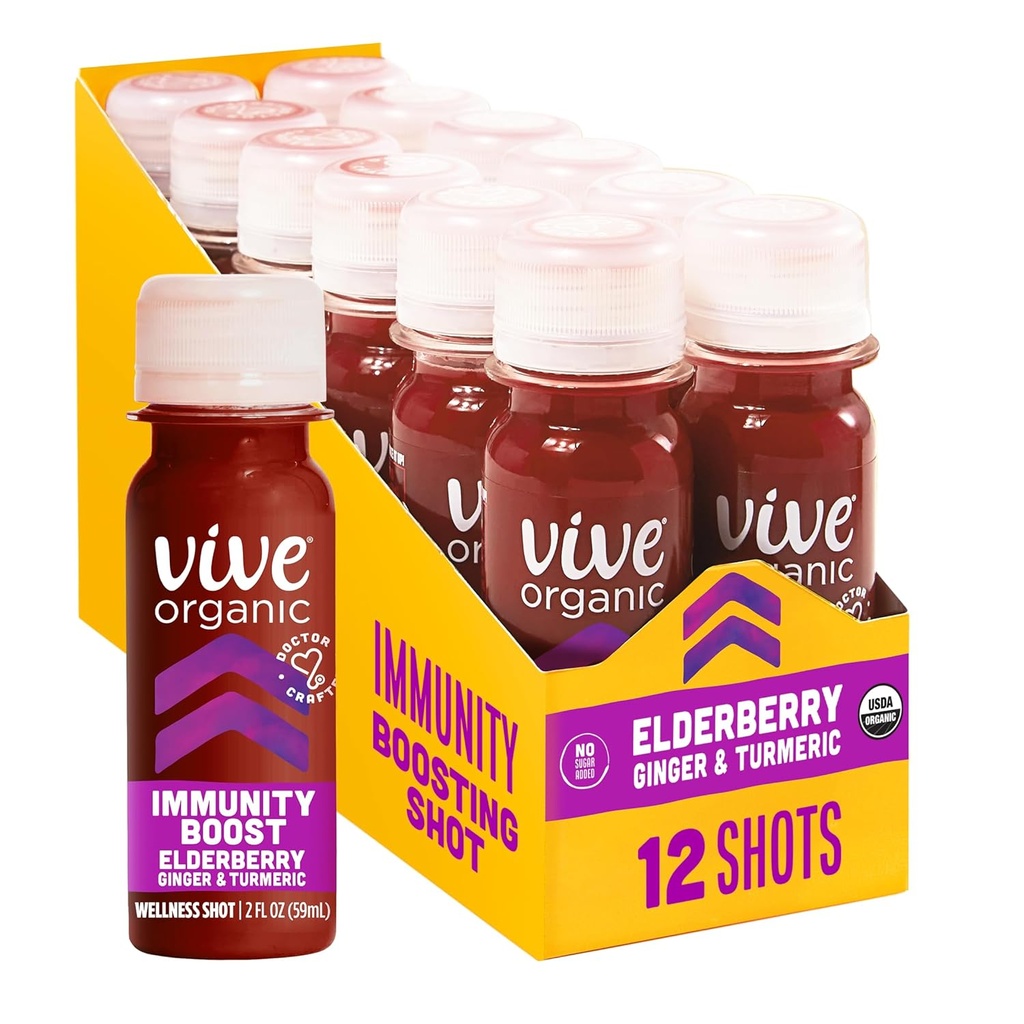 Vive Organic Immune Support Elderberry Shot, Cold-Pressed Turmeric & Ginger, Sans gluten, Vegan, Immunity Boost Elderberry, 2 Fl Oz (paquet de 12)