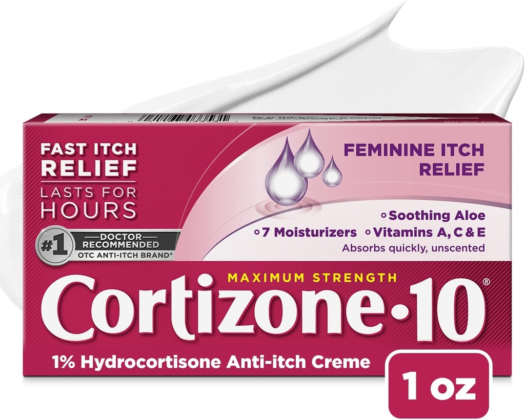 Cortizone 10 Résistance maximale Crème de démangeaison féminine, 1% Hydrocortisone, 1 oz.