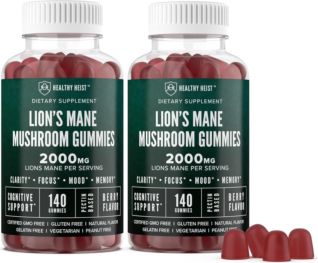 Lions Mane Mushroom Gummies for Adults, 280 Comte Bulk Lion's Mane Chewables, High Potency 10:1 Extrait biologique est de 2000mg, Supplément soutient la clarté mentale, Focus, Mood et Brain Fog, 2 Pack