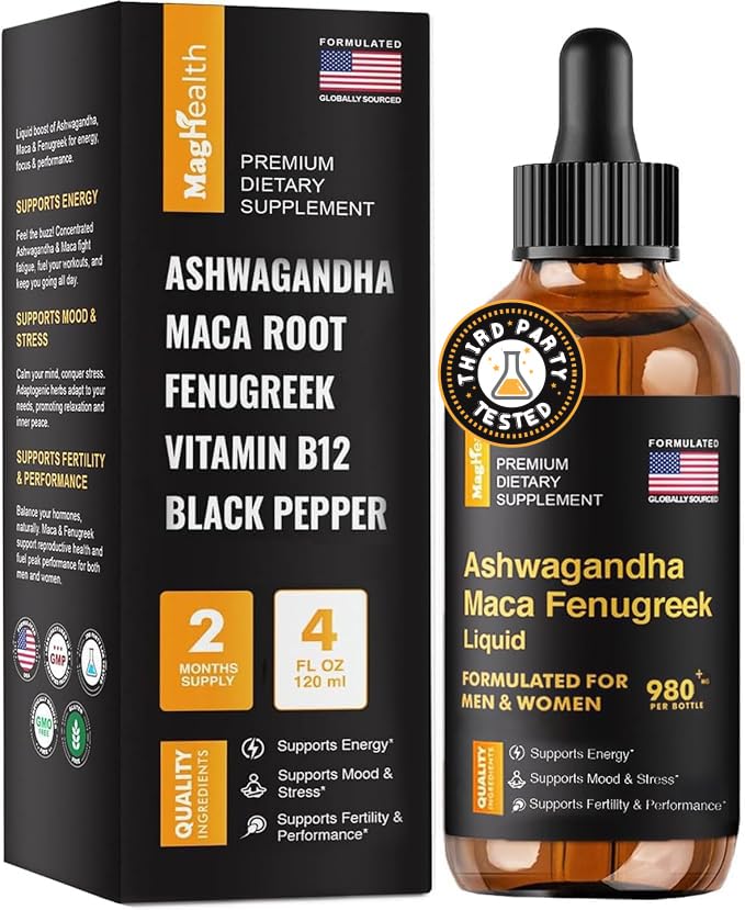 Les gouttes liquides de la racine de maca avec Ashwagandha et Fenugreek - 60 jours de service - Focus, énergie et performance - Multivitamine liquide pour les femmes et les hommes - Adapto Drive, gouttes végétaliennes