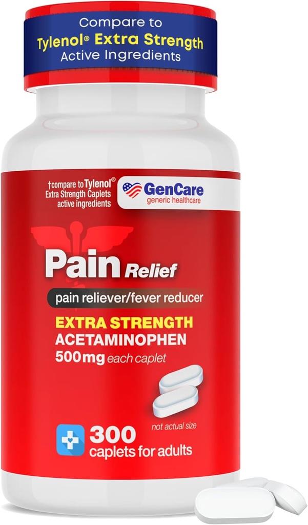 GenCare - Acétaminophène 500mg Extra Strength Pain Relief (300 Caplets) - Multi-Symptômes Pain Reliever pour Céphalées, Sinus, Arthrite, Douleurs musculaires du dos, Douleurs dentaires, Réducteur de fièvre, Migraine