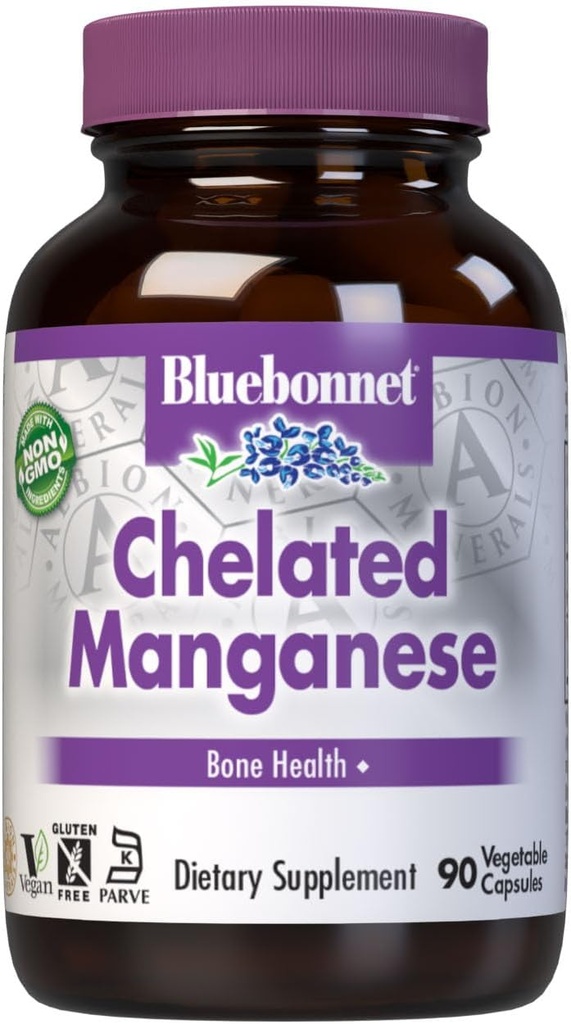 BlueBonnet Nutrition Albion Manganèse chélaté, chélate d'acide amino, soja, laiterie et sans gluten, non-OGM, certifié Kosher, végétalien, 90 comte