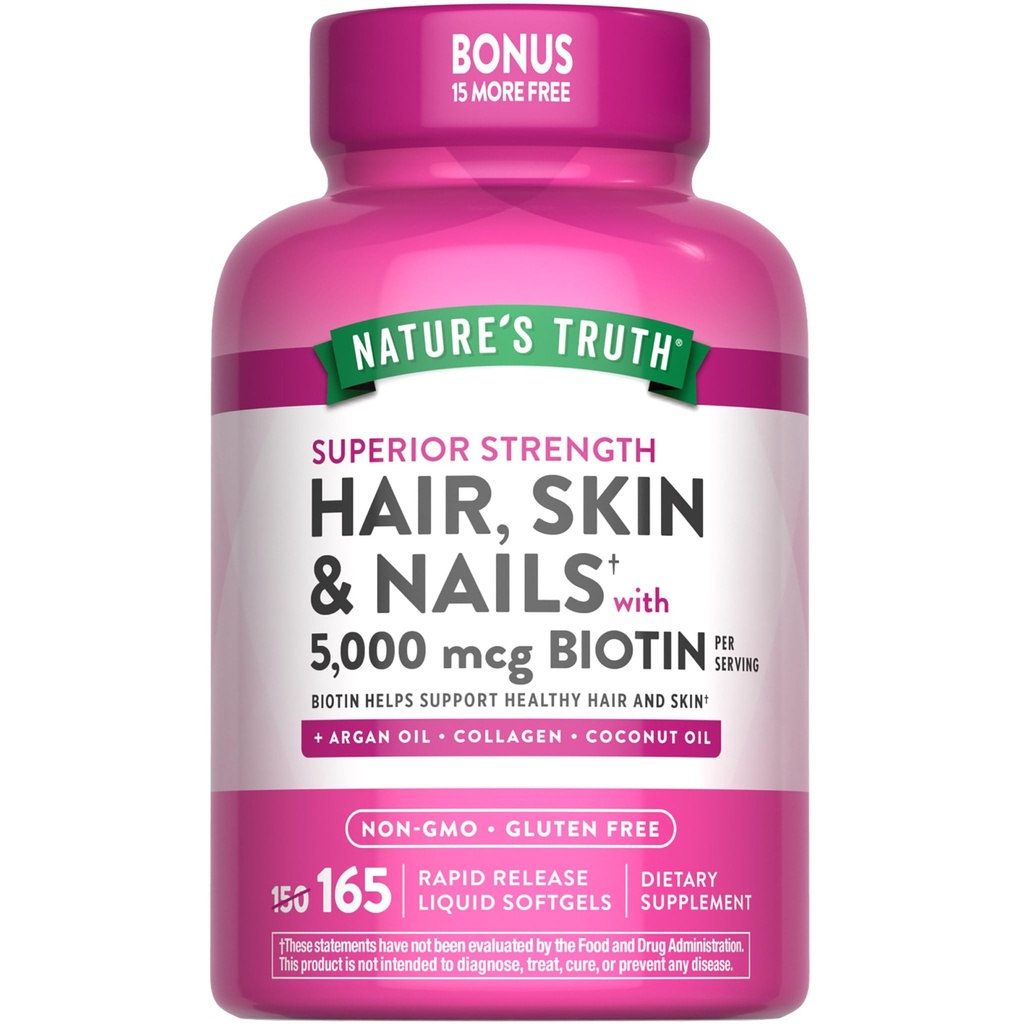 La vérité de la nature Cheveux, peau et ongles Vitamine $ 5000 mcg Biotin $ 165 Softgels $ avec collagène $ Supplément sans OGM et sans gluten