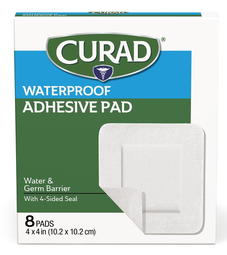 CURAD blanc imperméable Pads adhésifs, 4" x 4", soin avancé des plaies, 1 boîte, 8 comtes