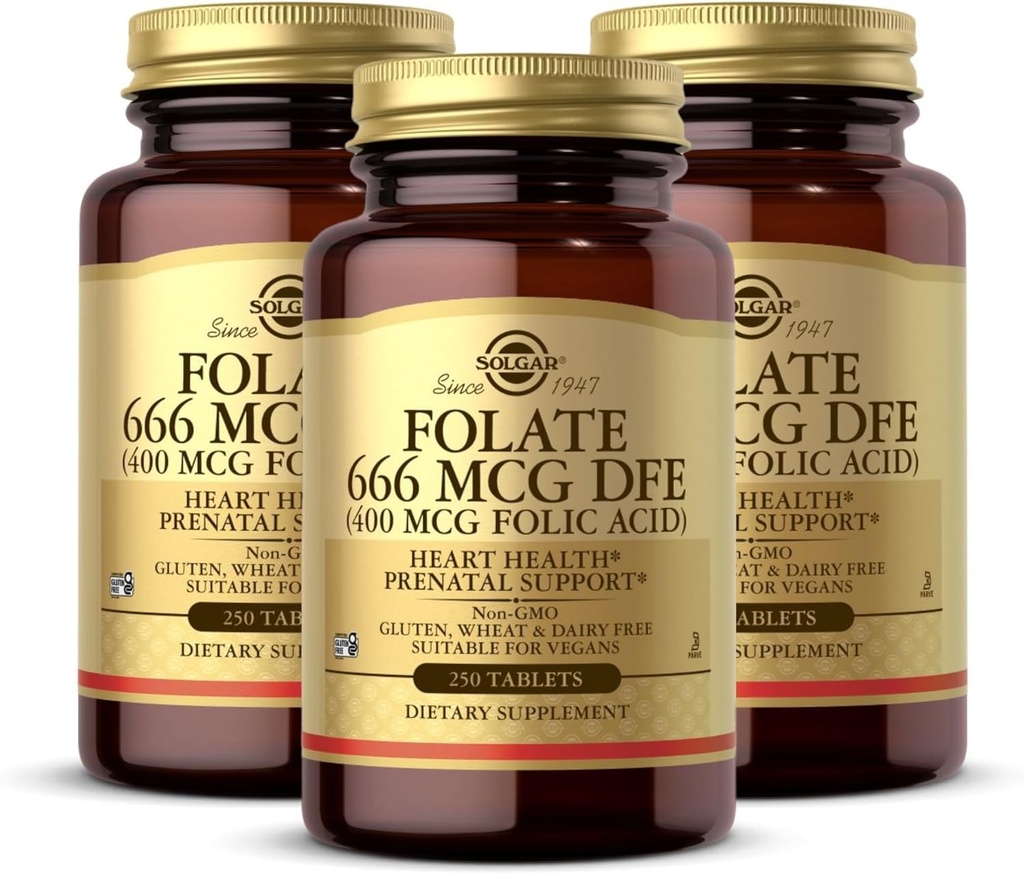 Solgar Folate 666 mcg DFE (Folic Acid 400 mcg) - 250 Tablets, Pack of 3 - Prenatal Support - Non-GMO, Vegan, Gluten Free, Dairy Free, Kosher - 750 Total Servings