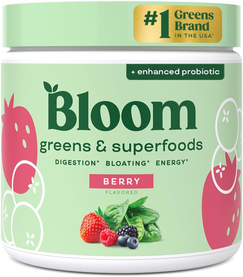 Bloom Nutrition Superfood Greens Poudre, Enzymes digestifs avec probiotiques et prébiotiques, Gut Health, Bloating Relief pour les femmes, Chlorella, Mélange de jus vert avec poudre de racine de betterave, 30 SVG, Berry