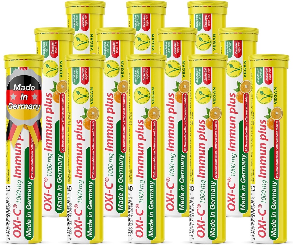 T&D Oxi C 1000 mg Vitamine C - 240 comprimés effervescents à boisson végane - Arôme orange - Fabriqué en Allemagne