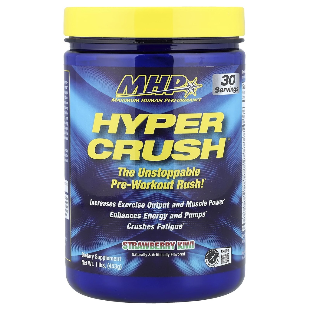 Performance humaine maximale Hyper Crush pré-entraînement poudre, augmente l'énergie, pompes musculaires, puissance, luttes Fatigue, créatine, bêta Alanine, oxyde nitrique, citrulline, AKG, fraise Kiwi, 30 portions