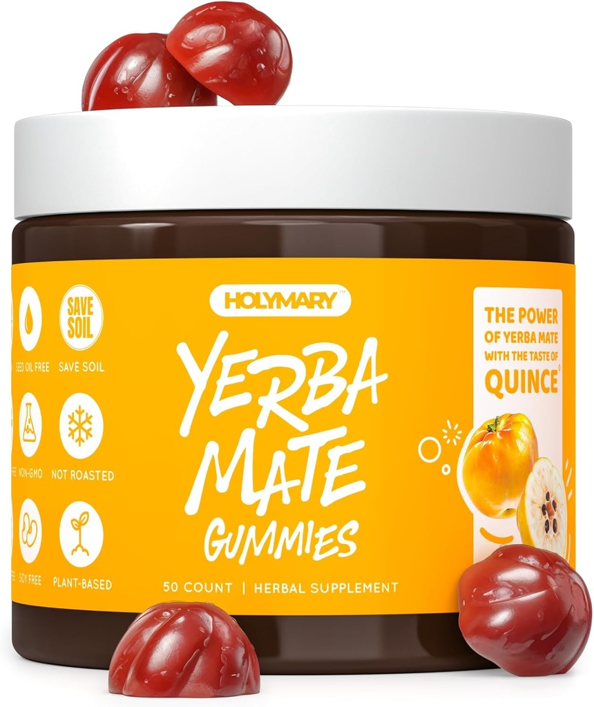 HOLYMARY Yerba Mate Gummies, Quince - Fabriqué avec du Yerba Mate biologique, non grillé. Gratuit de la caféine ajoutée. Vegan, Non-OGM, Sans gluten, Kosher. 50 Delicious Supplément Gummies