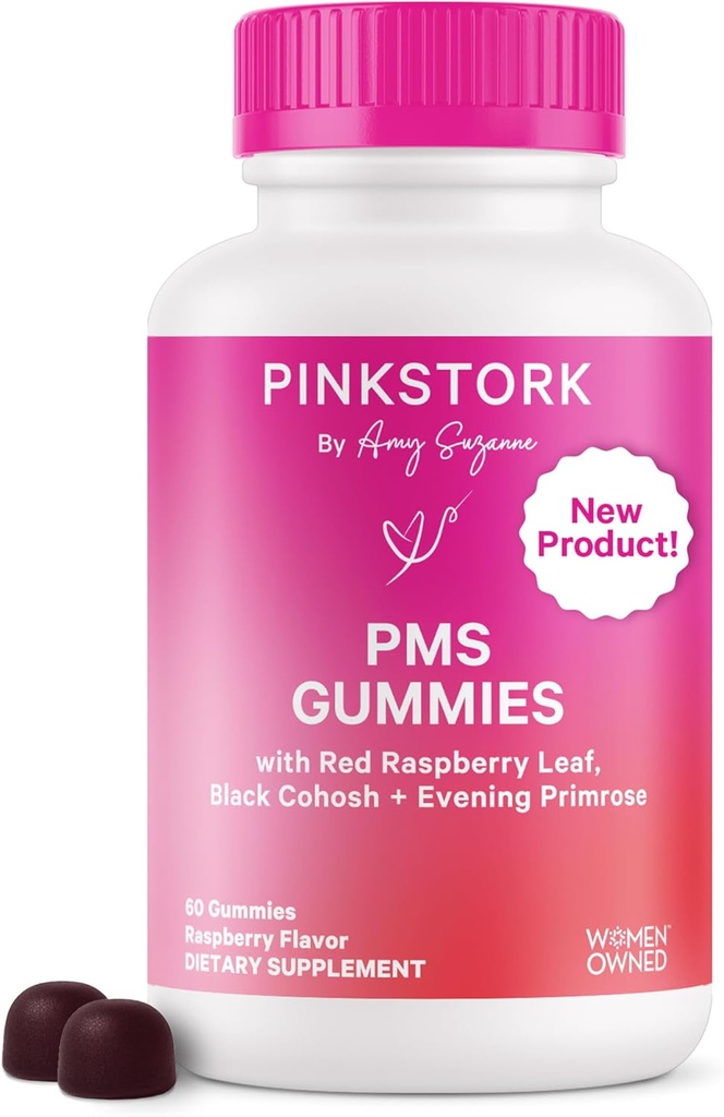 Pink Stork PMS Support Gummies for Women - Red Raspberry Leaf, Cohosh noir, Huile de Primrose du soir - Bloading, Cravates, Peau, Mood - Support du cycle hormonal - 60 Gummes Berry - Vegan, base végétale