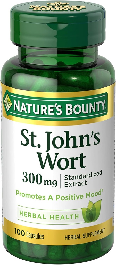 Nature's Bounty St. John's Wort 300mg Capsules, supplément santé à base de plantes, favorise une humeur positive, 100 Capsules