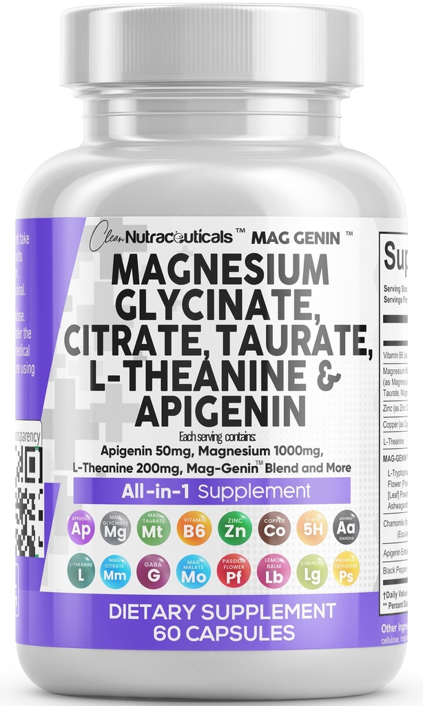 Nutraceutiques propres Complexe de glycinate de magnésium 1000mg avec L-Theanine 200mg Apigenin 50mg Supplément Taurate de Citrate - 5-HTP GABA Fleur de citron Baume L-Glycine Phosphatidylsérine - 60 Compte