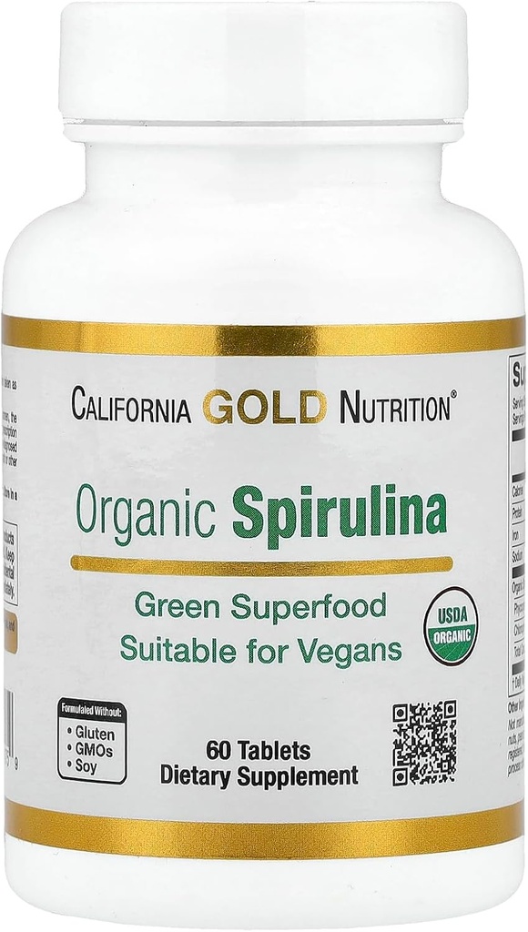 California Gold Nutrition Organic Spirulina Supplement, avec un super aliment vert avec des antioxydants, végétalien amical, sans gluten, non-OGM, 500 mg,60 comprimés