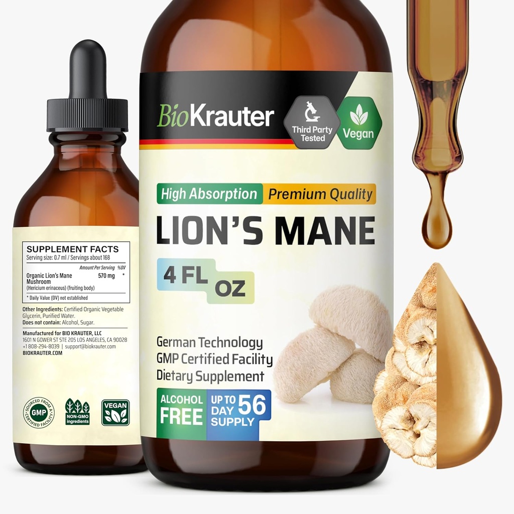 BIO KRAUTER Lions Mane Liquid Extract - Supplément Champignon pour le soutien du cerveau - Vegan Lions Mane Supplément - Alcool et gouttes sans sucre - 4 Fl.Oz.
