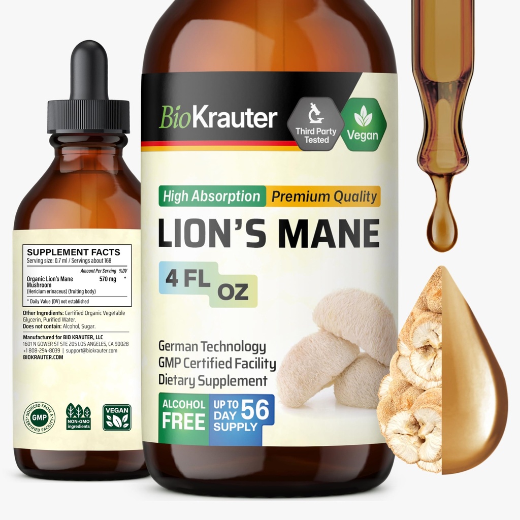 BIO KRAUTER Lions Mane Liquid Extract - Supplément Champignon pour le soutien du cerveau - Vegan Lions Mane Supplément - Alcool et gouttes sans sucre - 4 Fl.Oz.