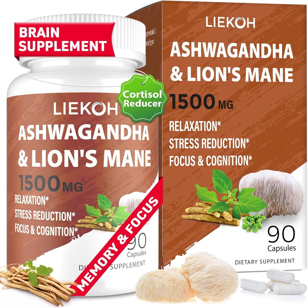 Ashwagandha & Lions Mane Supplément Capsules, Suppléments Cerveau pour Mémoire et Focus, Supplément Ashwagandha avec Rhodiola & Peppe Noir, Suppléments Cortisol pour Femmes & Hommes,90 Caps