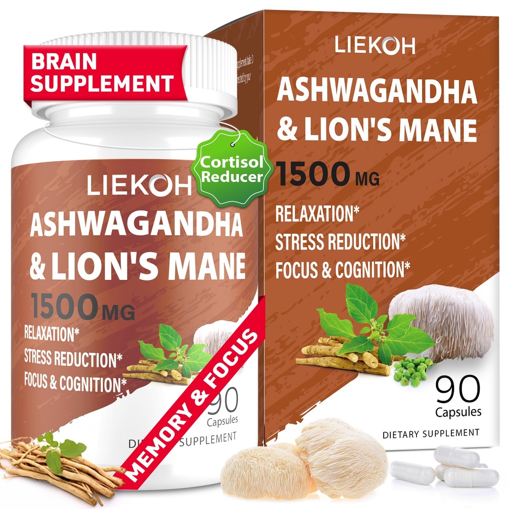 Ashwagandha & Lions Mane Supplément Capsules, Suppléments Cerveau pour Mémoire et Focus, Supplément Ashwagandha avec Rhodiola & Peppe Noir, Suppléments Cortisol pour Femmes & Hommes,90 Caps