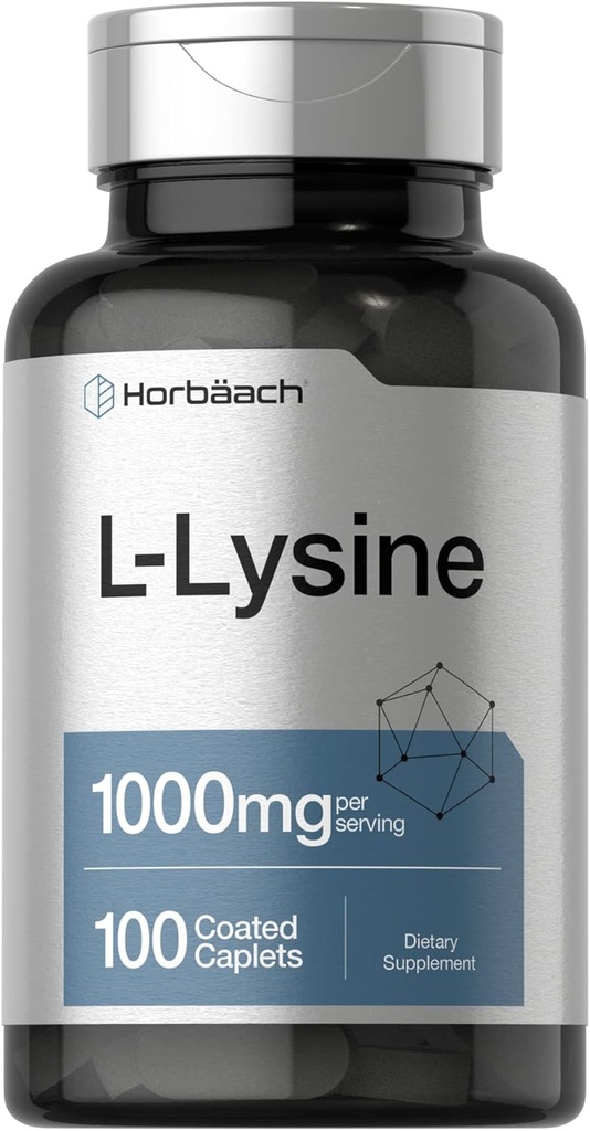 Horbäach L-Lysine 1000mg | 100 Coated Caplets | Free Form Dietary Supplement | Essential Amino Acid | Vegetarian, Non-GMO, and Gluten Free Formula