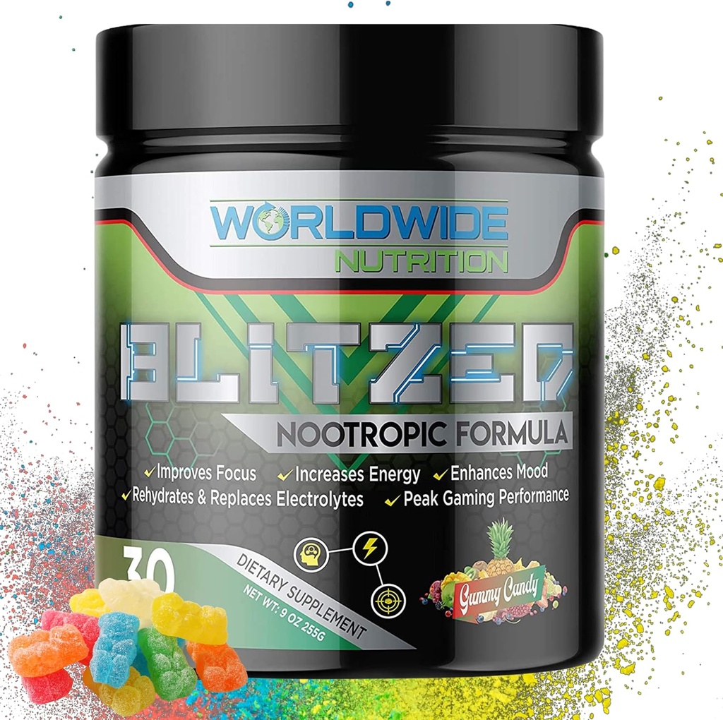 Worldwide Nutrition Blitzed Nootropic Formula - Toutes les boissons d'énergie naturelle Mix Powder - Suppléments Cerveau pour la mémoire et le focus - Supplément Énergie - Gummy Candy Flavor - 30 portions