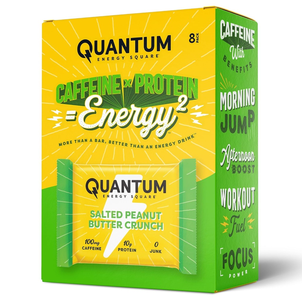 Quantum Energy Square: Barre d'énergie avec caféine et 10g de protéines. Delicious Healthy Snack On The Go. (Vegan, sans gluten, sans soja, sans lait) (crunch au beurre d'arachide salé)
