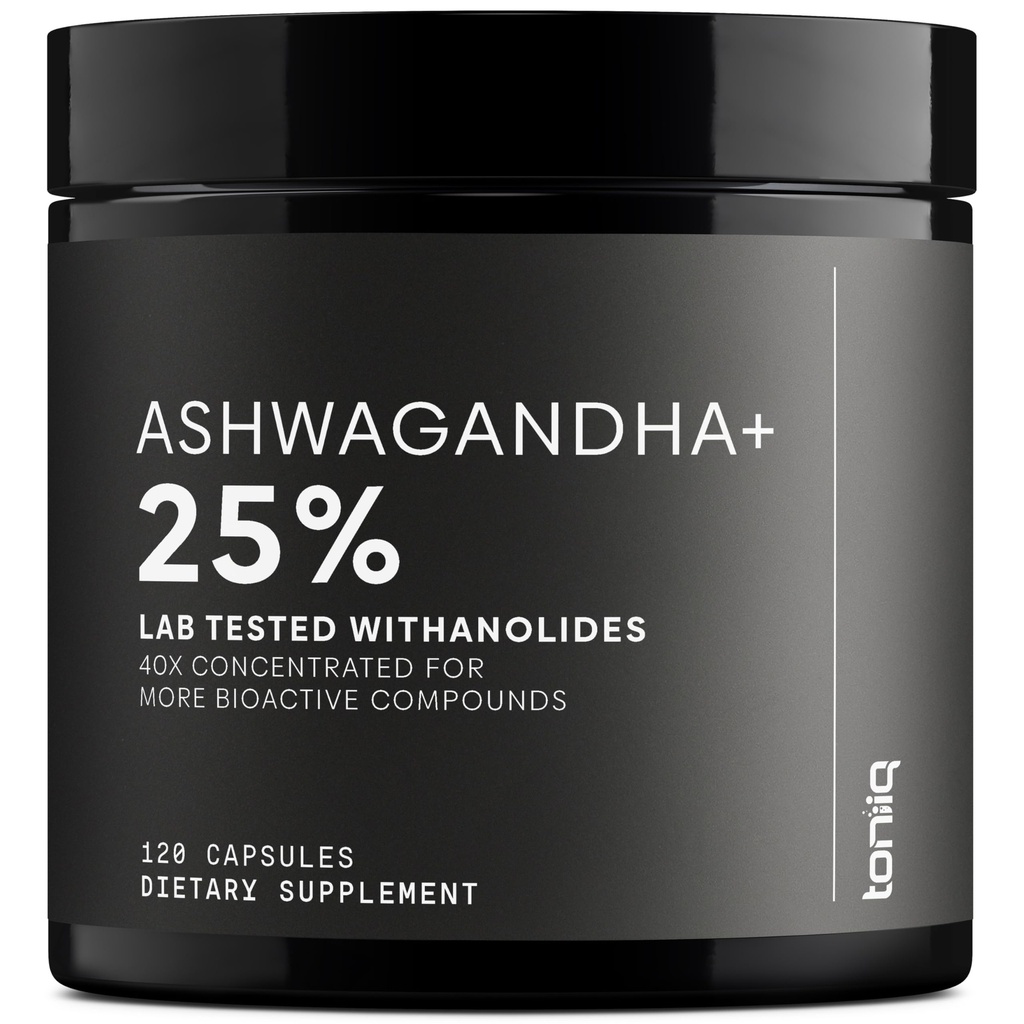 Toniiq Ashwagandha – 40:1 Extrait concentré – 25% Withanolides – Sauvages récoltés en Inde – Très biodisponible avec du poivre noir – Testé en troisième partie – 120 capsules – 1 300mg par portion