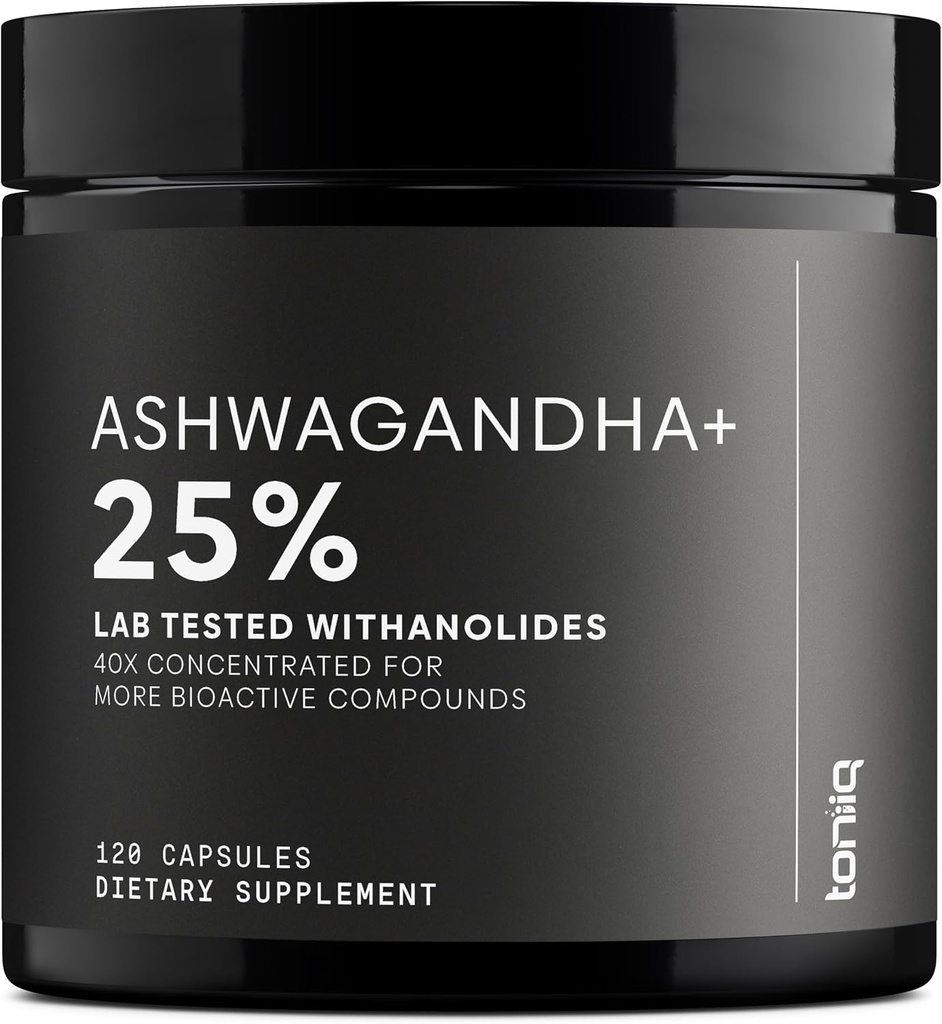 Toniiq Ashwagandha – 40:1 Extrait concentré – 25% Withanolides – Sauvages récoltés en Inde – Très biodisponible avec du poivre noir – Testé en troisième partie – 120 capsules – 1 300mg par portion