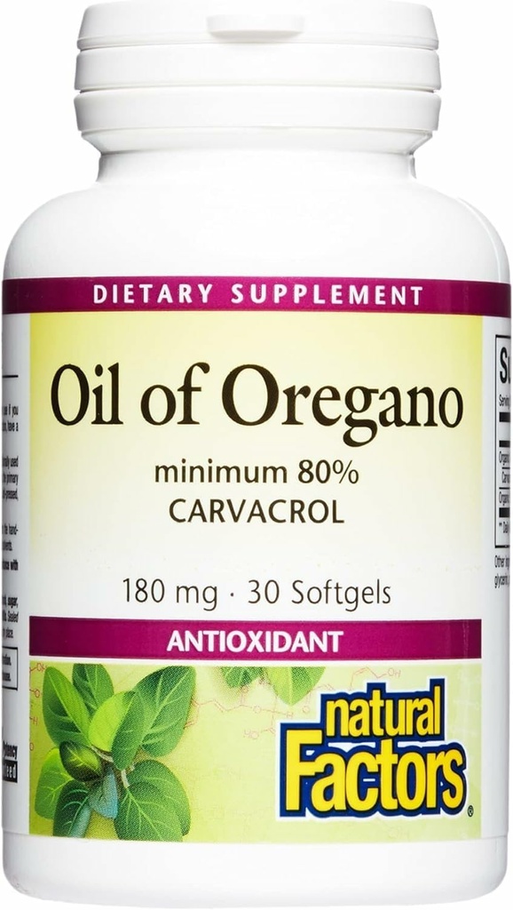 Facteurs naturels, huile d'Origan 180 mg, aide à maintenir une bonne santé avec l'huile d'olive vierge extra, 30 softgels (30 portions)