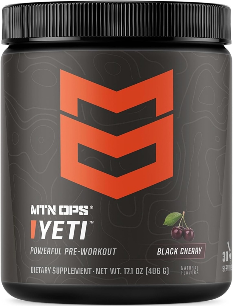 MTN OPS Yeti boisson d'énergie en poudre pré-exercice avec la créatine, 200mg caféine et BCAA avec Beta Alanine, 30-Serving Tub, cerise noire