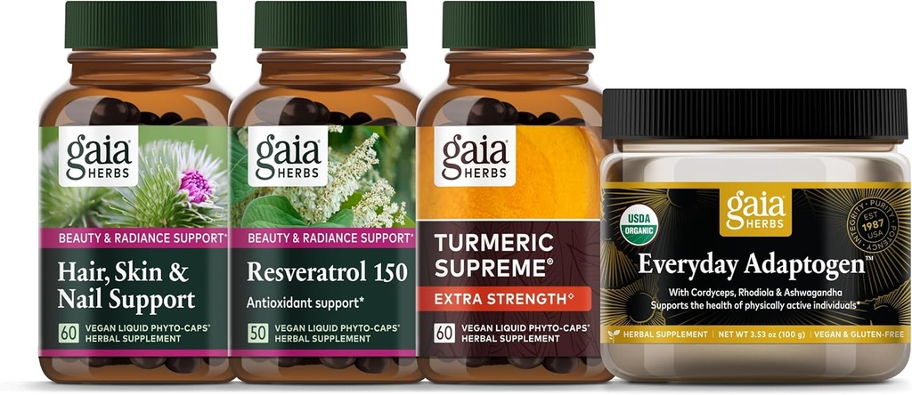 Gaia Herbs Beauty Essentials Kit - Soutien cheveux, peau et ongles, Resvératrol 150, Adaptogène quotidien, Turmeric Supreme Extra Strength