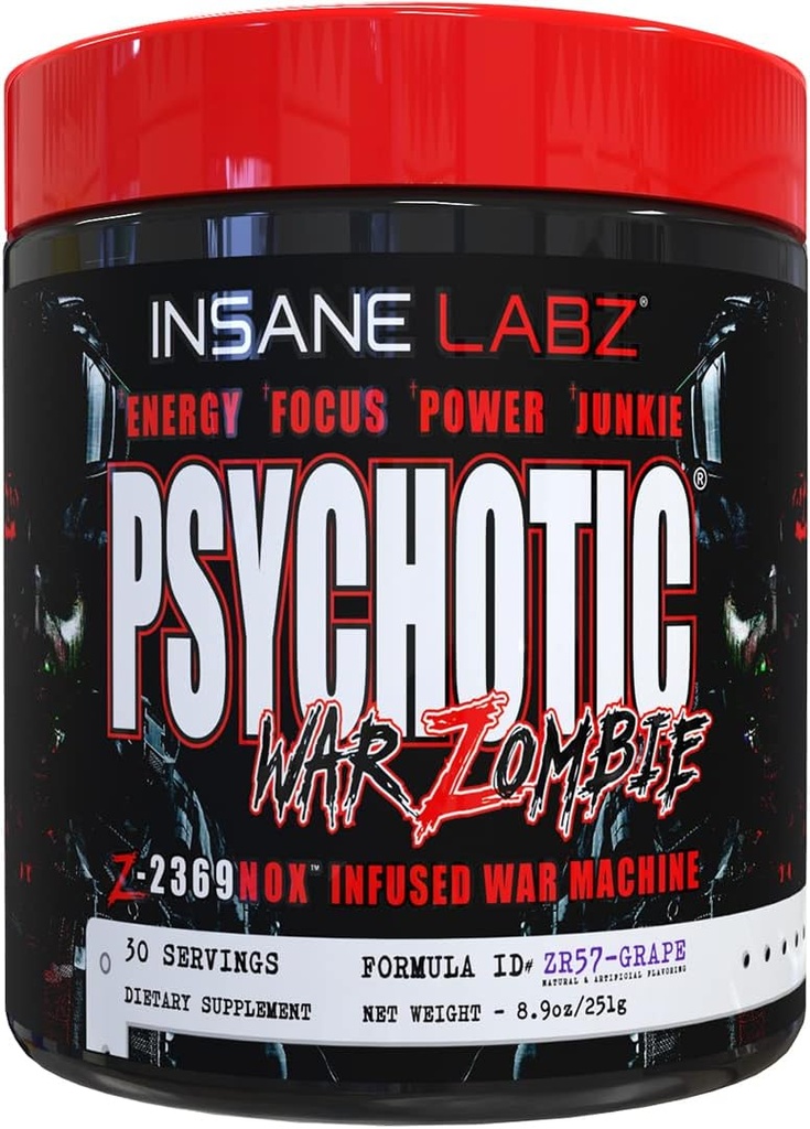 Insane Labz Psychtic War Zombie Haute Stimulant pré-entraînement en poudre, Extrême énergie durable, focus et pompe avec Beta Alanine, L-Arginine, 30 portions (Grape)