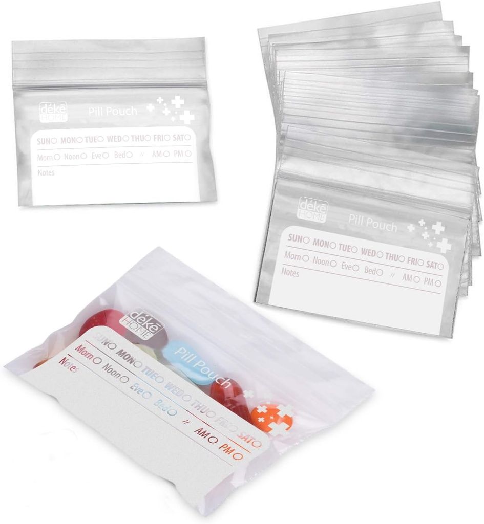 Deke Home - 100 Pack Sacs à pilules transparents refermables (4x2,75 in), Pochettes de médecine de voyage avec étiquette sur papier, sans BPA-libre Organisateur de pilules jetables pour les médicaments, vitamines et suppléments