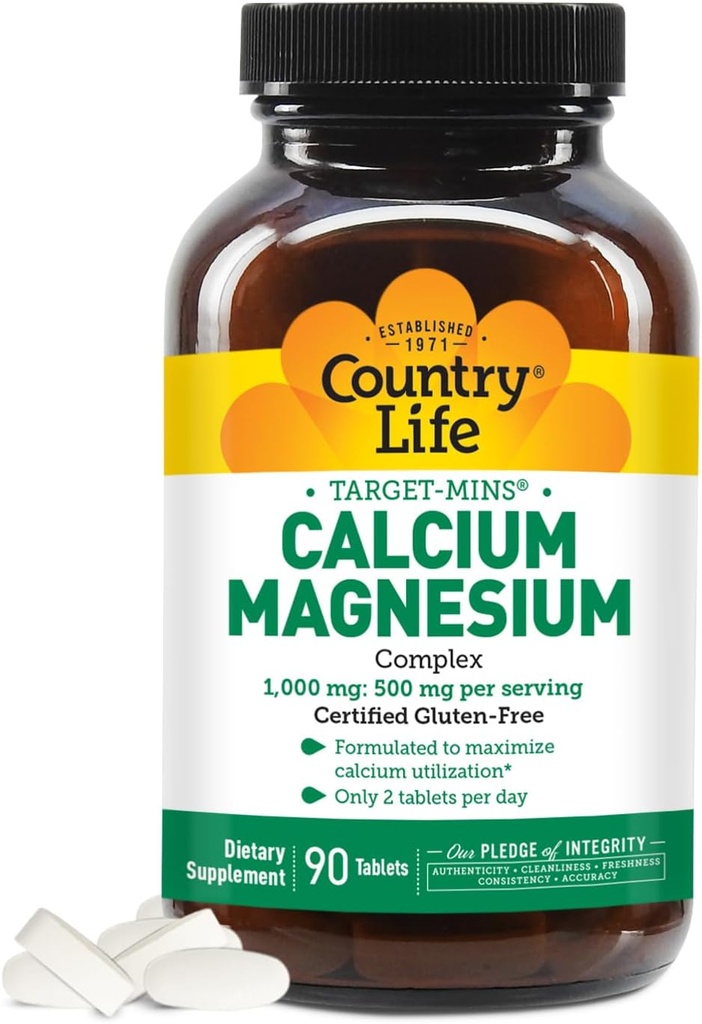 Country Life Cible-Mins Complexe Calcium Magnésium 1000mg/500mg, 90 comprimés, certifié sans gluten, certifié végétalien, certifié non-OGM vérifié