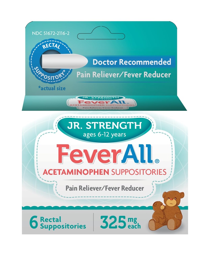 Feverall Children Acetaminophen Suppositories 6 Rectal Suppositories 325mg Each Pain Reliever/Fever Reducer. Paraben Free, No Artificial Colors or Other preservatives. Ages 6-12 Years