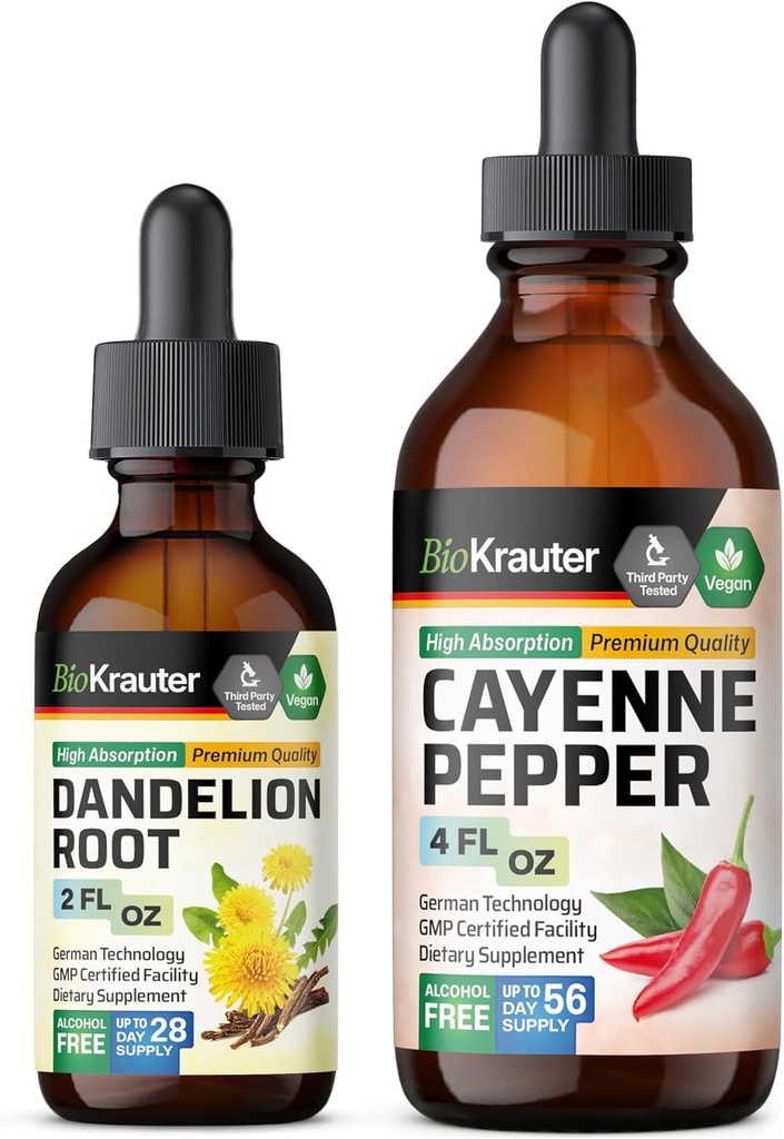 Bio KRAUTER Cayenne Teinture de poivre 4 Fl. Oz. & Dandelion Teinture 2 Fl. Oz.